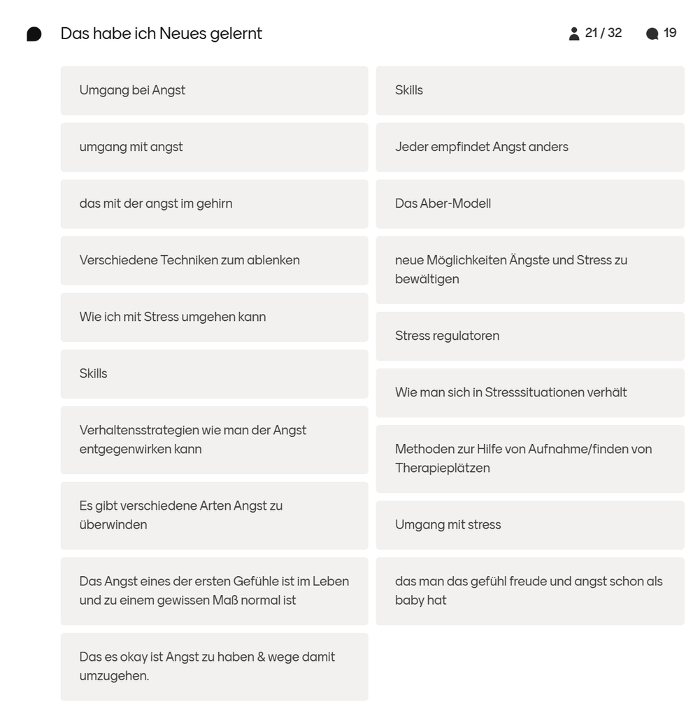 Mentimeter-Abfrage mit anonymen Antworten dazu, was Teilnehmende im Workshop Prüfungsangst neu gelernt haben – Strategien gegen Angst, Stressregulation und hilfreiche Tools.